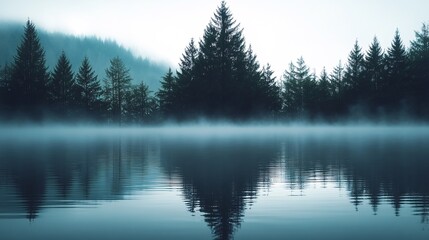 A serene lake surrounded by misty pine forests, reflecting the calm and mysterious atmosphere of nature's beauty. The soft blue tones
