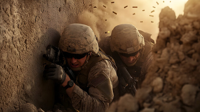 A pair of soldiers caught in an ambush, taking cover behind a crumbling wall as bullets ricochet around them.


