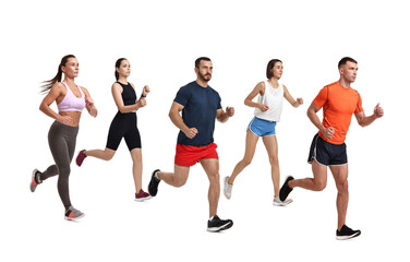 People in sportswear running on white background