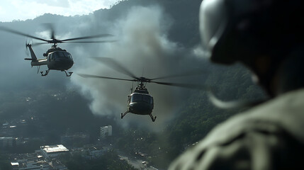 Two helicopters hovering above a city, dropping soldiers into an active combat zone.


