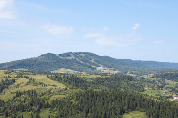 Beautiful view of forest in mountains under blue sky