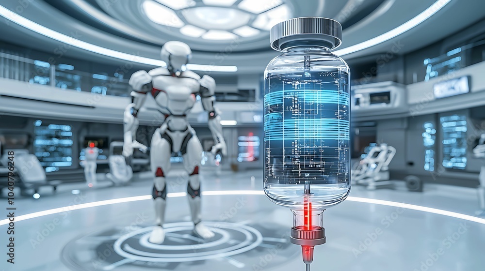 Aufkleber futuristic laboratory with a robot and advanced vaccine delivery system representing cutting-edge me