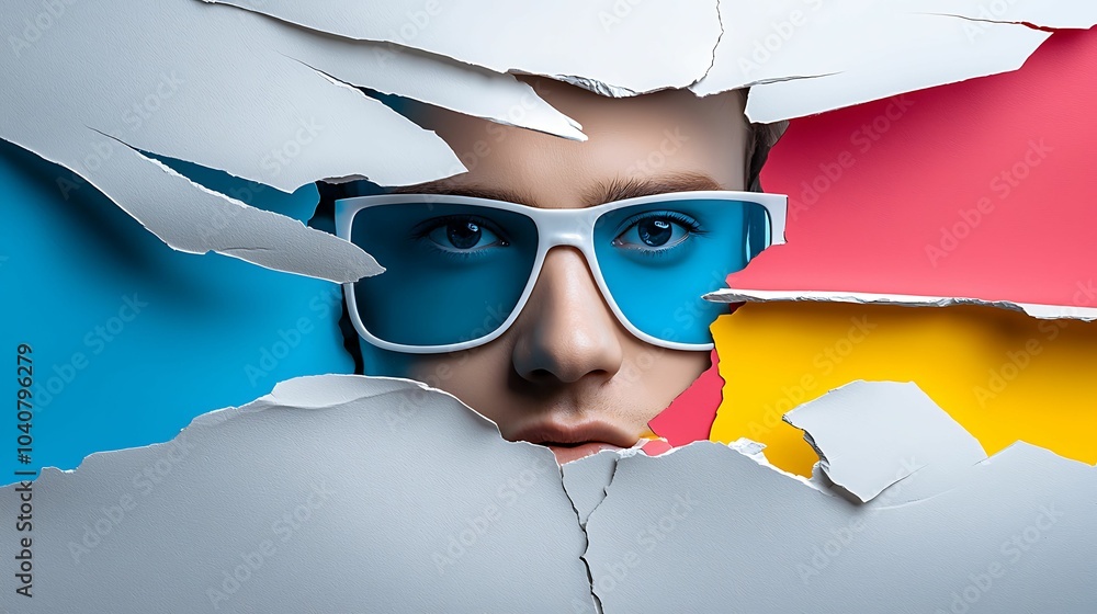 Poster exploring modern aesthetics a portrait of individuality and color through a torn canvas effect of a 