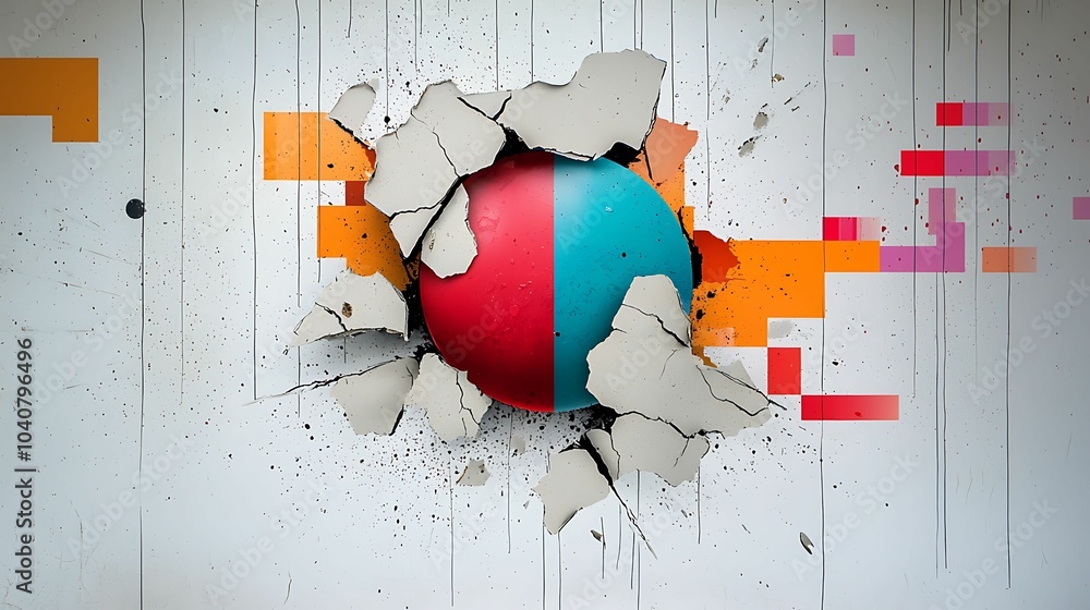 Poster dynamic visuals exploring a bold colorful sphere breaking through a surface representing innovation 