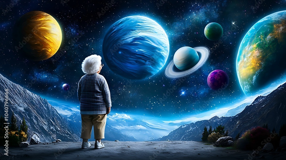 Poster an enchanted journey through space a curious child gazes at the wonders of the universe with awe and