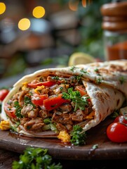 Delicious grilled chicken wrap filled with fresh vegetables and herbs. Generative AI