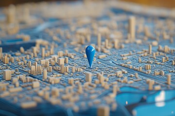 A blue pin marks a specific location on a detailed map of a vibrant city showcasing urban features and terrain
