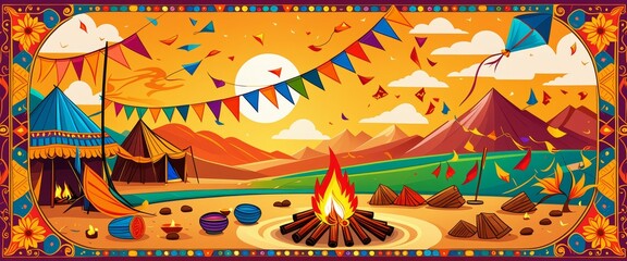Beautiful Lohri Celebration Banner with Bonfire and Kites