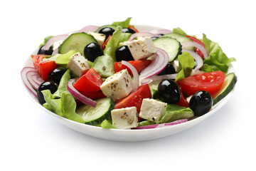 Delicious salad with feta cheese isolated on white