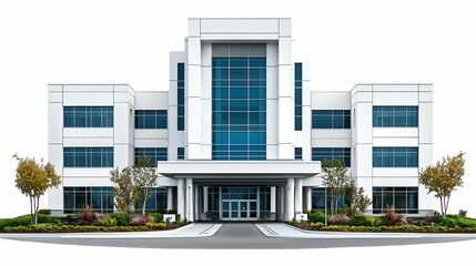 Modern corporate building featuring sleek design and expansive glass facades surrounded by lush landscaping for business operations