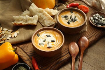Delicious pumpkin soup served on wooden table