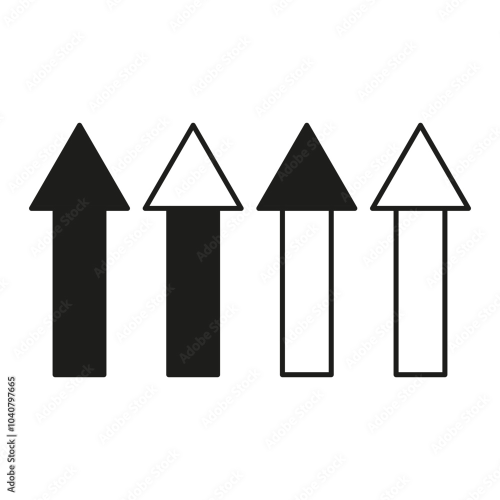 Poster set of black arrows with various outlines for directional and navigational design.