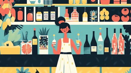 A vibrant illustration of a bar scene with a woman holding cocktails.