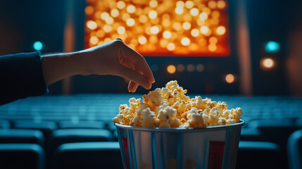 Close-up of a hand reaching for popcorn in a movie theater, celebrating Popcorn Day with a vibrant cinema environment and a chill atmosphere
