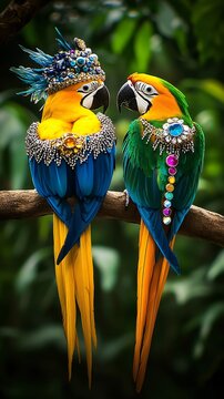 Two beautiful parrots sitting on tree branches, one with long tail feathers and colorful beak wearing an elaborate hat made of beads and gemstones, The background creating a natural setting. 