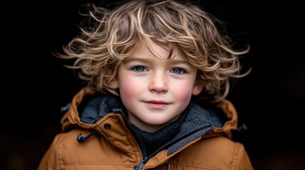 Portrait of a young boy in a warm coat with curly blonde hair