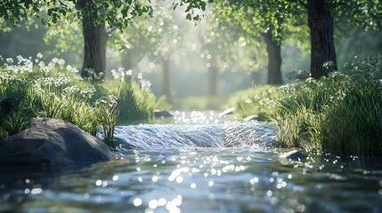 Fototapeta premium Sunlit Stream Flowing Through a Lush Green Forest