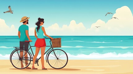 Couple standing by beach with bicycle, enjoying ocean view and clear sky.