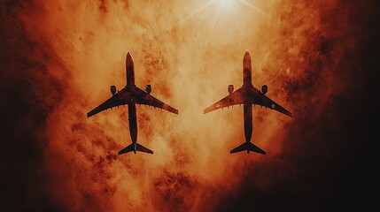 Naklejka premium Two airplanes fly in formation against a dramatic sunset sky.