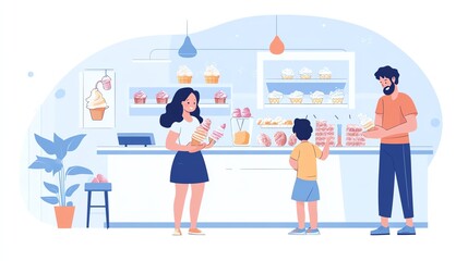 Obraz premium Family enjoying ice cream at a colorful ice cream shop.