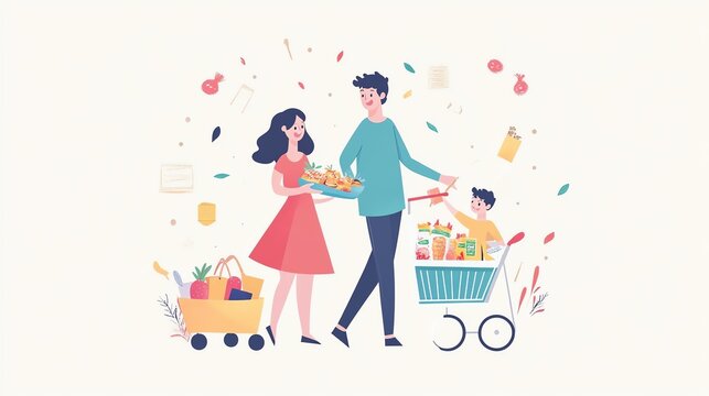 Family enjoying shopping, cheerful scene with groceries and playful atmosphere.