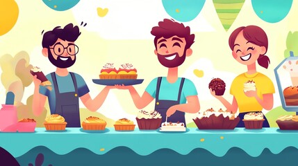 Group of cheerful friends sharing delicious cupcakes at a vibrant celebration.