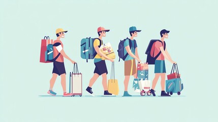 Fototapeta premium Group of people with backpacks and bags walking together, colorful and fun illustration.
