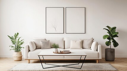 A modern, minimalist living room featuring a light sofa, wall art frames, a coffee table, plants, and a neutral color palette.