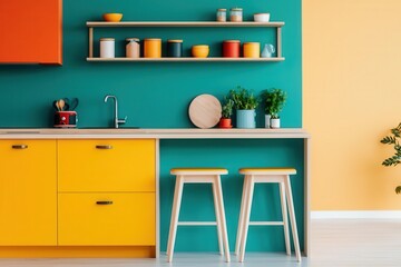 A vibrant kitchen space with colorful cabinetry, bright wall paint, and stylish decor, featuring yellow and teal elements, creating a cheerful atmosphere.
