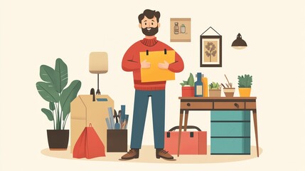 Fototapeta premium Man holding a box in a cozy, well-decorated room with plants and furniture.