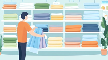 Man selecting towels from a colorful shelf in a home goods store.