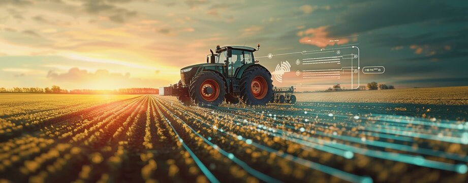 futuristic tractor with digital holographic design spraying or harvesting crop fields at sunset with data and infographics for agriculture industry