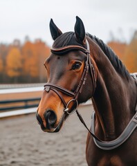 Elegant Brown Horse Wearing Bridle in Equestrian Setting