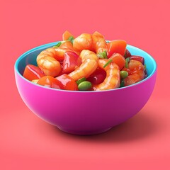 A vibrant 3D icon of a bowl of sweet and sour shrimp, showcasing colorful ingredients, isolated against a bright backdrop