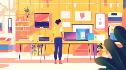 Fototapeta premium Person exploring modern technology in a vibrant tech showroom.