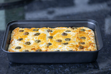 Traditional chicken pie with typical Brazilian catupiry. Empadão de frango