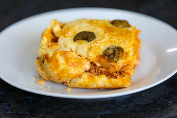 Traditional chicken pie with typical Brazilian catupiry. Empadão de frango