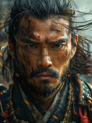 A fierce warrior stares directly ahead, his expression filled with determination