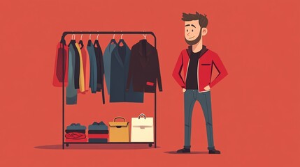Stylish man standing next to a clothes rack full of colorful garments.