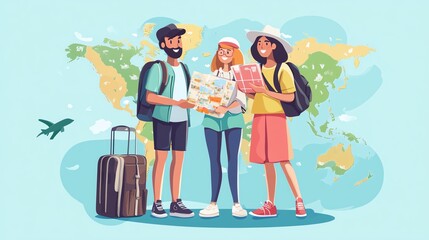 Fototapeta premium Three travelers discussing plans with world map in the background.