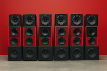 Obraz premium technical equipment, large stack of speakers in red and black color, red studio background, boxes, loudspeakers, photorealistic