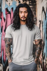 T-shirt mockup, gorgeous asian man is wearing a grey plain oversized t shirt, model photography, street background