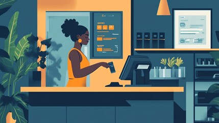 Woman at a counter handling a transaction in a modern cafe setting.