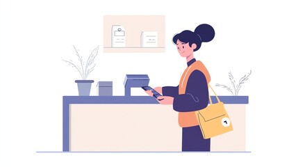 Woman using smartphone at a modern counter with plants in a minimalist workspace.