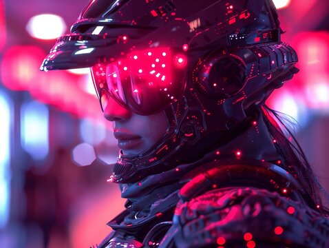 Futuristic soldier in glowing armor, set in a neon-lit urban landscape. Generative AI