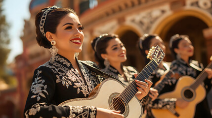 A group of attractive Mexican mariachis playing guitar at a traditional festival, standing in front of a podium. International Mariachi Day