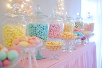 A vibrant candy buffet featuring colorful jars of sweets and treats perfect for celebrations and gatherings