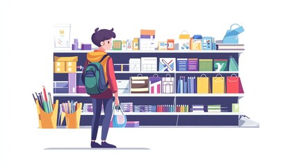 Young person shopping at a colorful stationery store.
