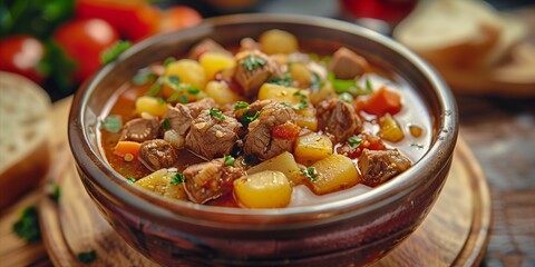 Hearty meat and vegetable stew served in a rustic bowl on a wooden table. Generative AI