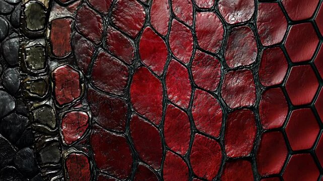 A close-up of red and black leather with a snake skin pattern